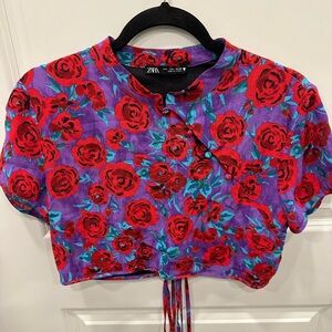 Zara Women’s Flower Crop Top Purple/Red Women’s Sz M New With Tags
